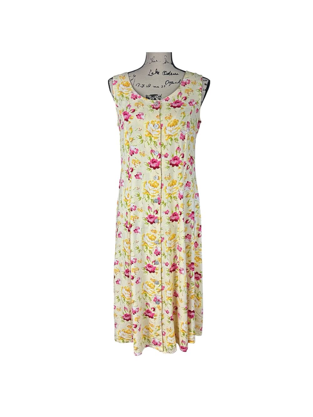 BFA Classics Floral Maxi Dress Sze S Yellow Pink Button Front Rayon 90s Sundress
